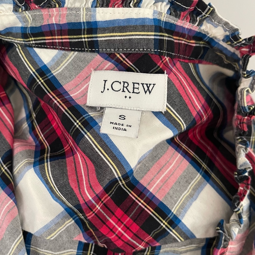 J.Crew Red Tartan Poplin Plaid Ruffle Neck Button-down Shirt size S EUC - Picture 5 of 6